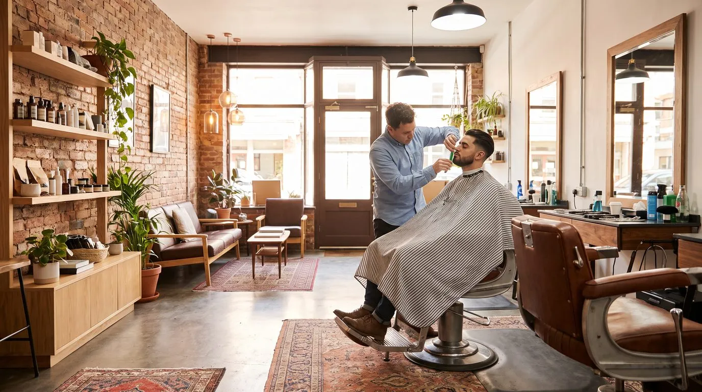 Un barbiere in piedi che rifinisce la barba a un cliente seduto sulla poltrona, in un negozio con muri di mattoni e la vetrina sul fondo