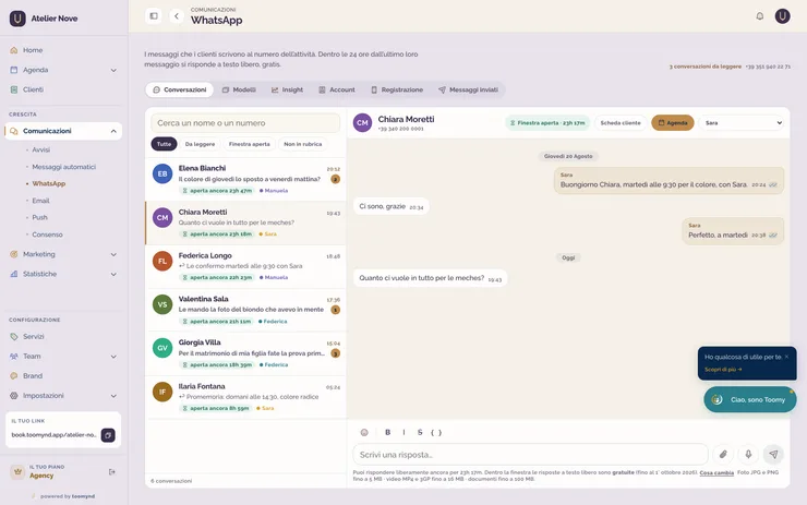 Le conversazioni WhatsApp di un salone di parrucchieri dentro Toomynd, con quanto tempo resta per rispondere