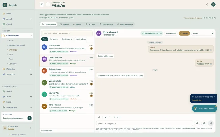 Le conversazioni WhatsApp di un centro benessere dentro Toomynd, con le domande sui percorsi e sui buoni regalo
