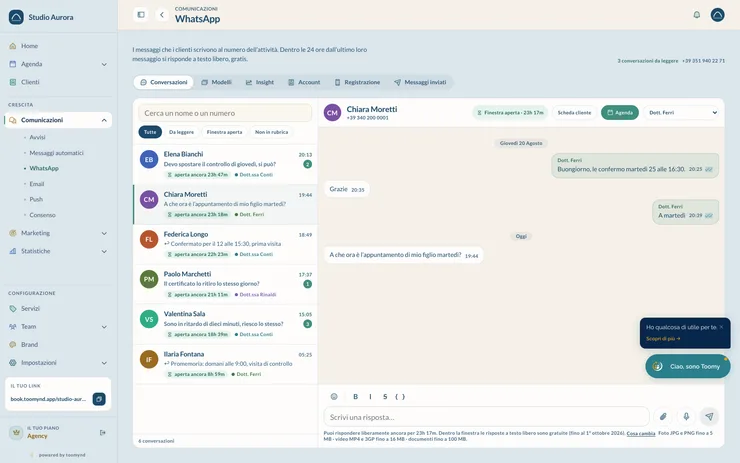 Le conversazioni WhatsApp di uno studio medico dentro Toomynd, con le richieste di spostamento degli appuntamenti