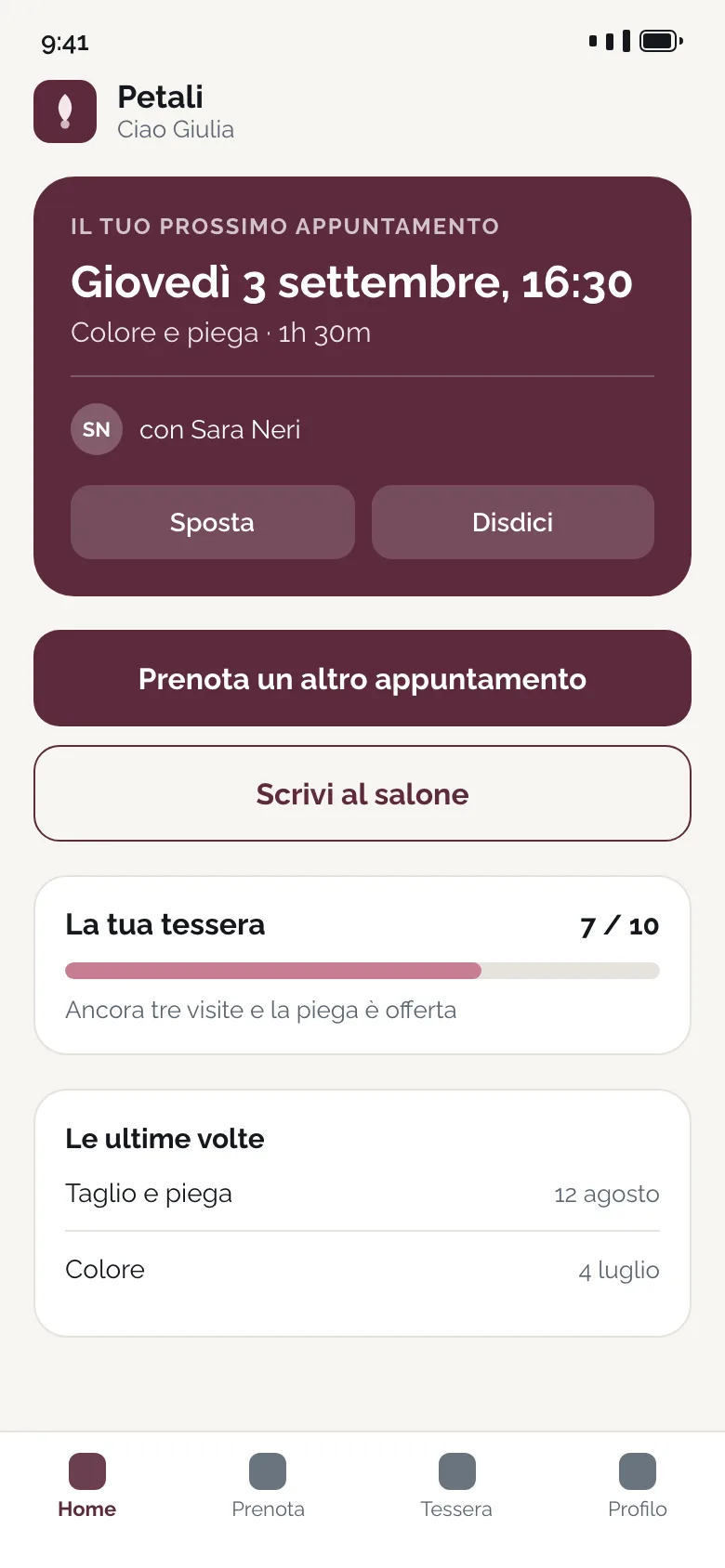 La schermata iniziale dell’app col prossimo appuntamento e le ultime volte