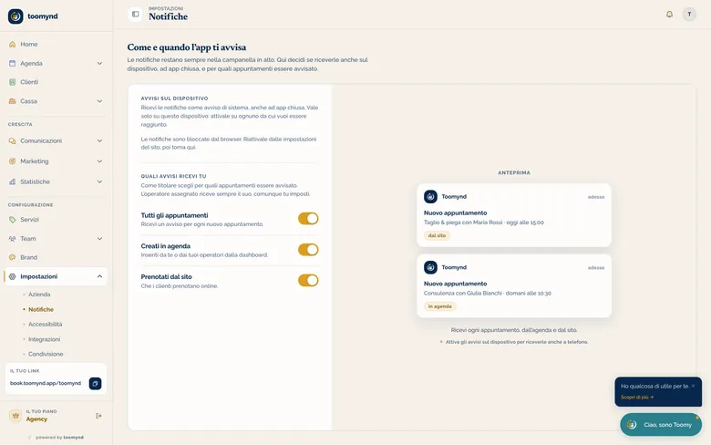 Le impostazioni degli avvisi: ogni tipo con il suo interruttore, il filtro su cosa ricevere e l’anteprima della notifica