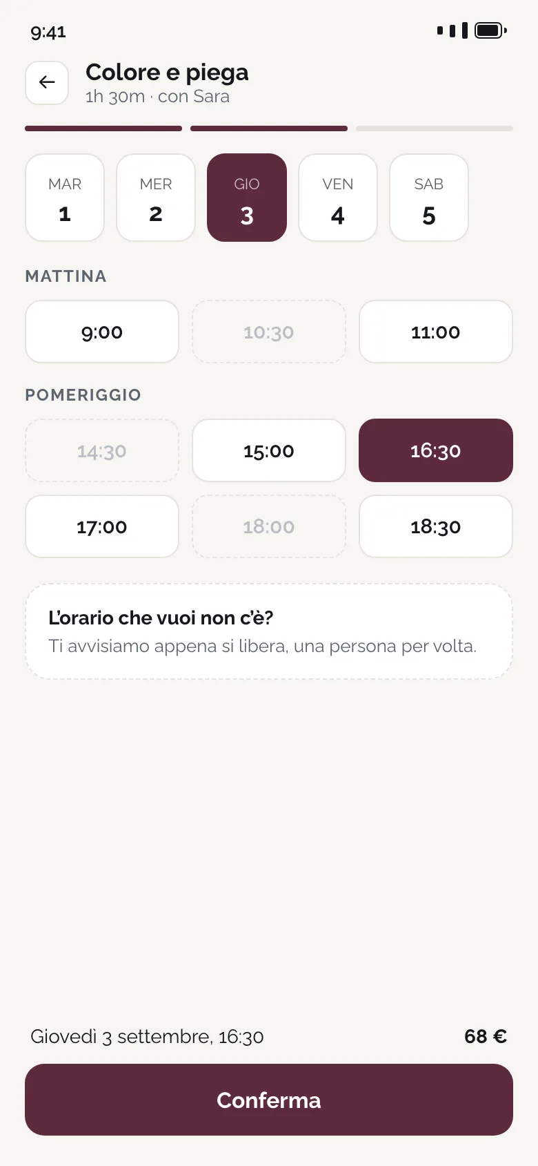La scelta del giorno e dell’ora dentro l’app, con gli orari già pieni segnati