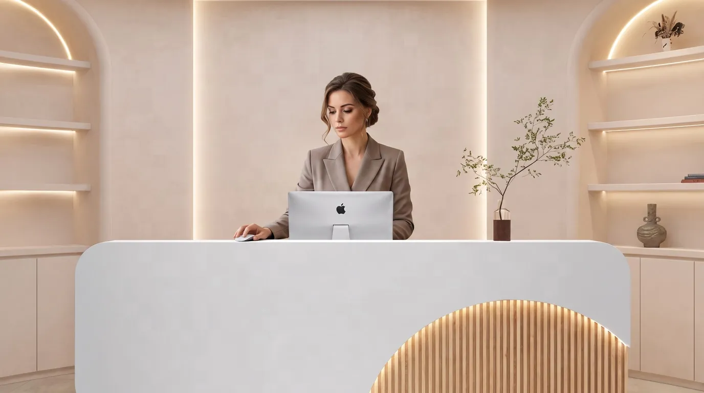La reception di un salone di bellezza: una persona in piedi dietro il banco guarda lo schermo del computer con la mano sul mouse