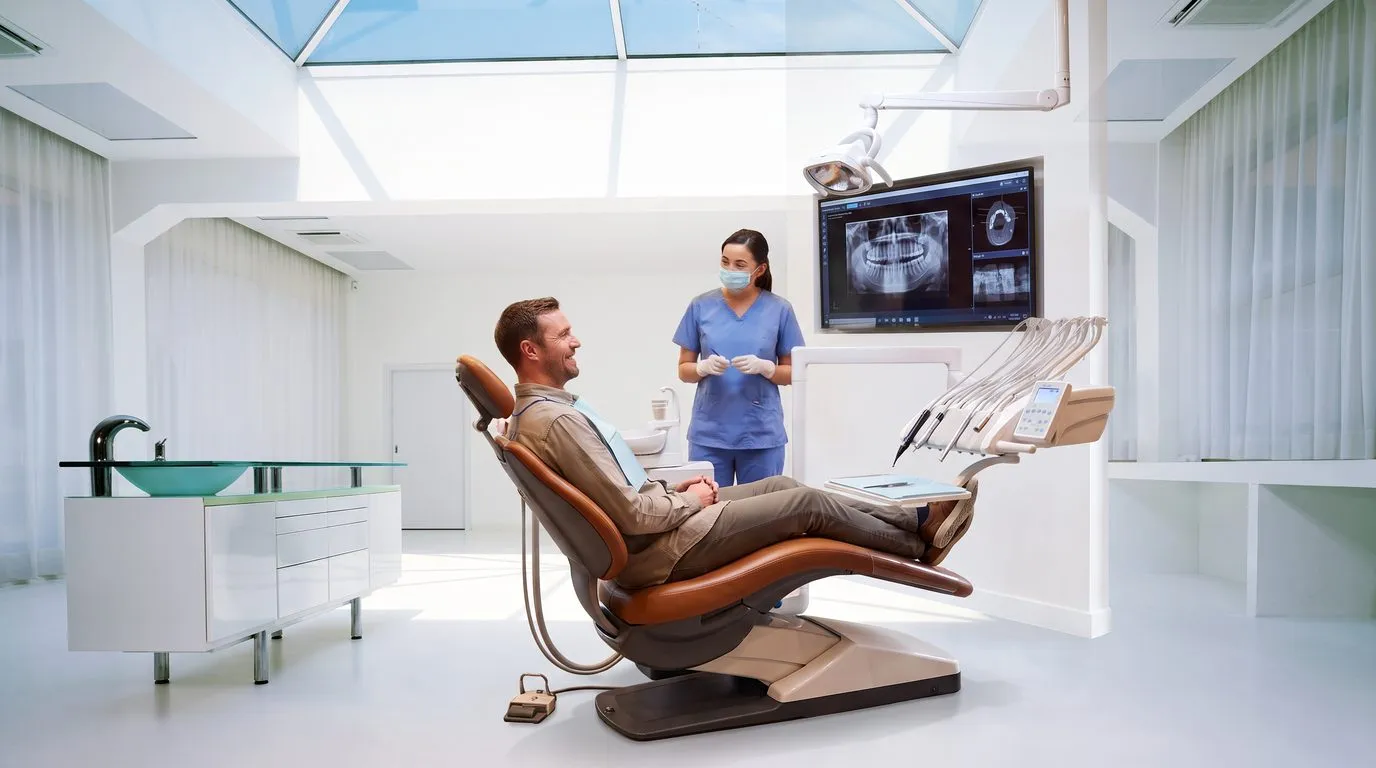 Un ambulatorio odontoiatrico luminoso: un paziente seduto sulla poltrona parla con un’assistente in camice, e sul monitor c’è una radiografia